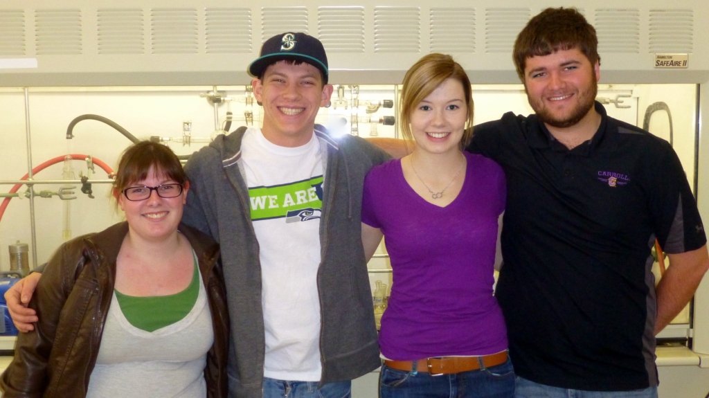 Carroll College chemistry majors Jessica Baker, Matthew Rosman, Meghan Benda, and Nathan Bollar (left to right)