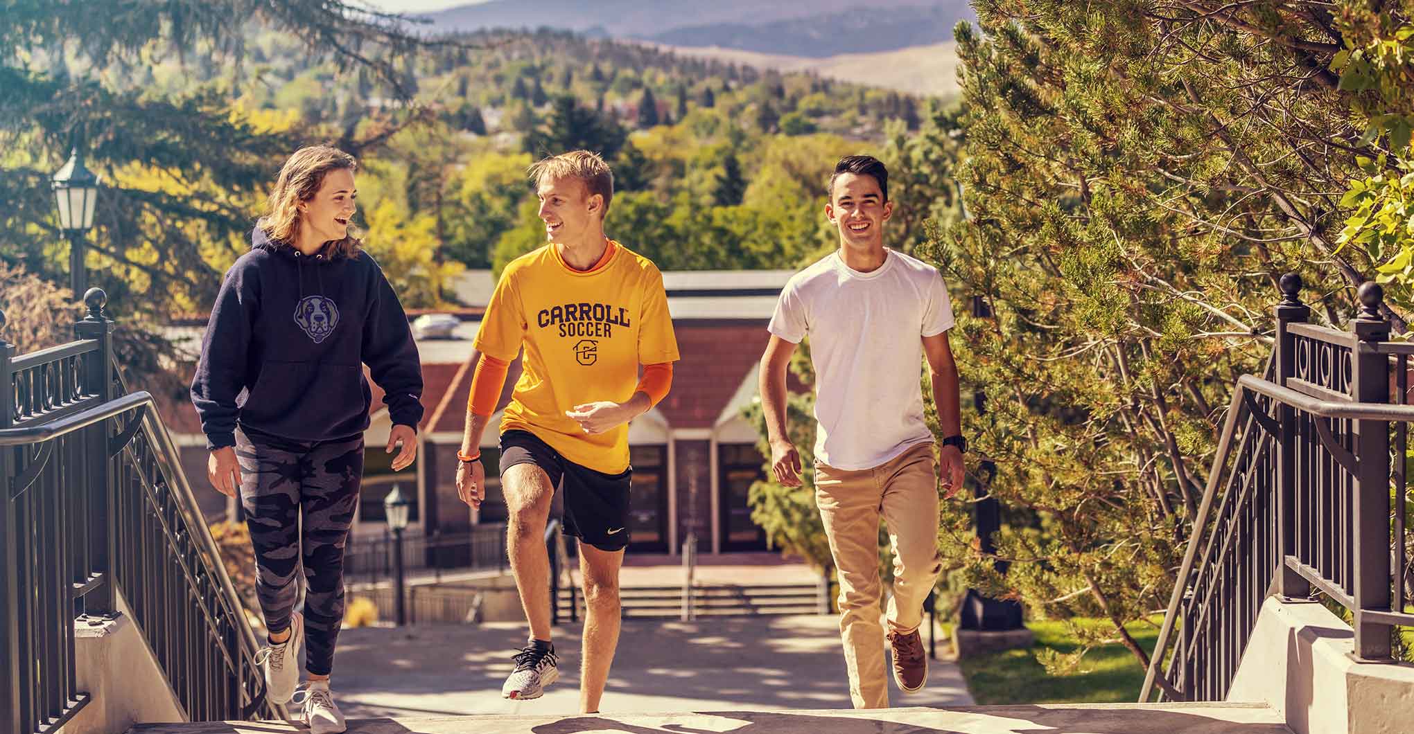 Three students walking up St. Charles stairs