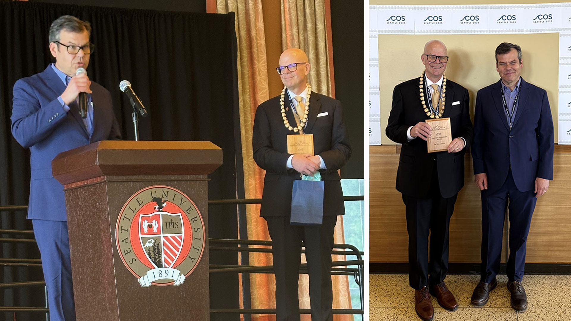Josh Vanek of MCNCE accompanies Dr. Cech with his Engaged Leadership Award. Since the Region also encompasses Hawaii and the Pacific Islands, the award is accompanied by a traditional Kukui Nut Lei.