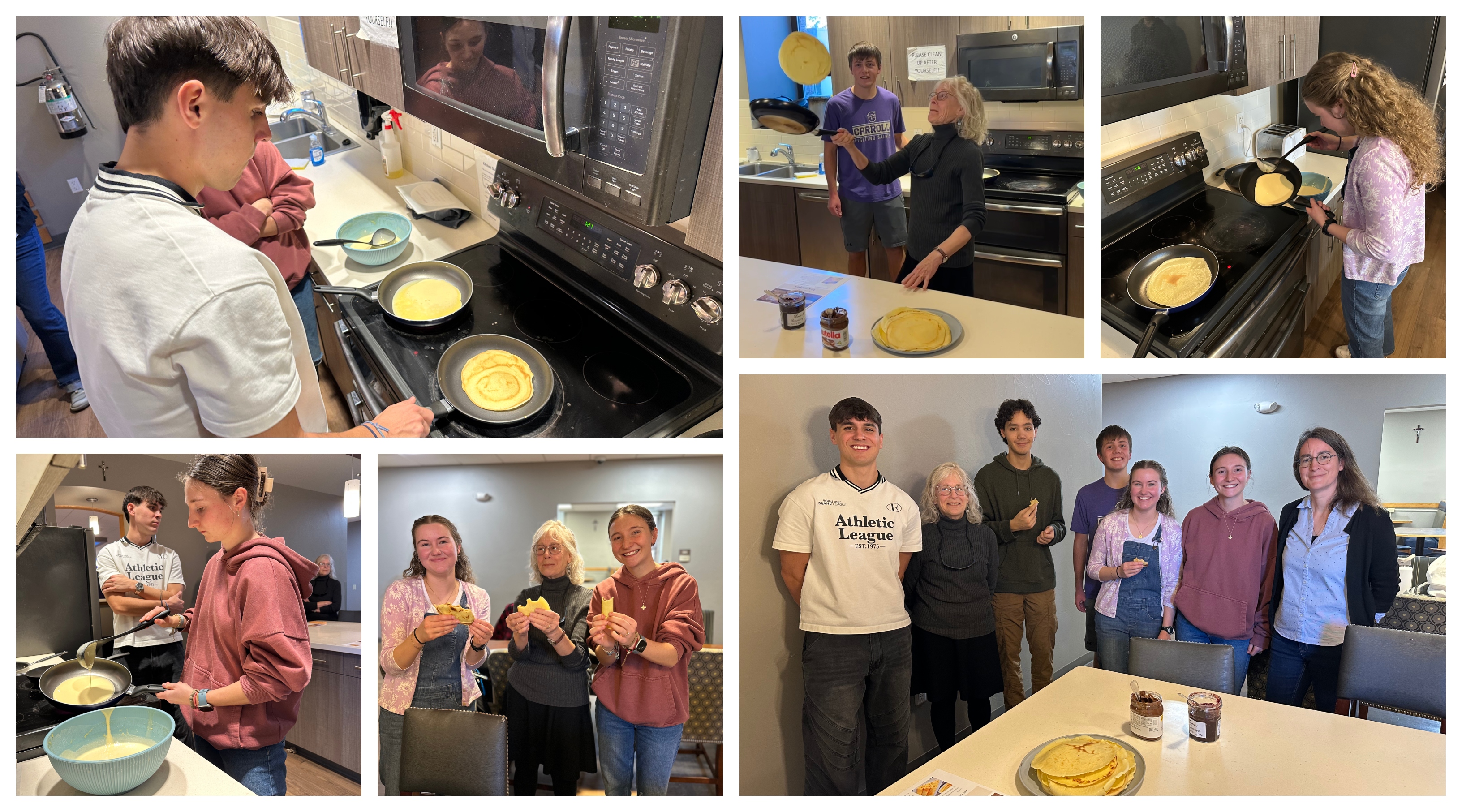 Collage of students making crepes