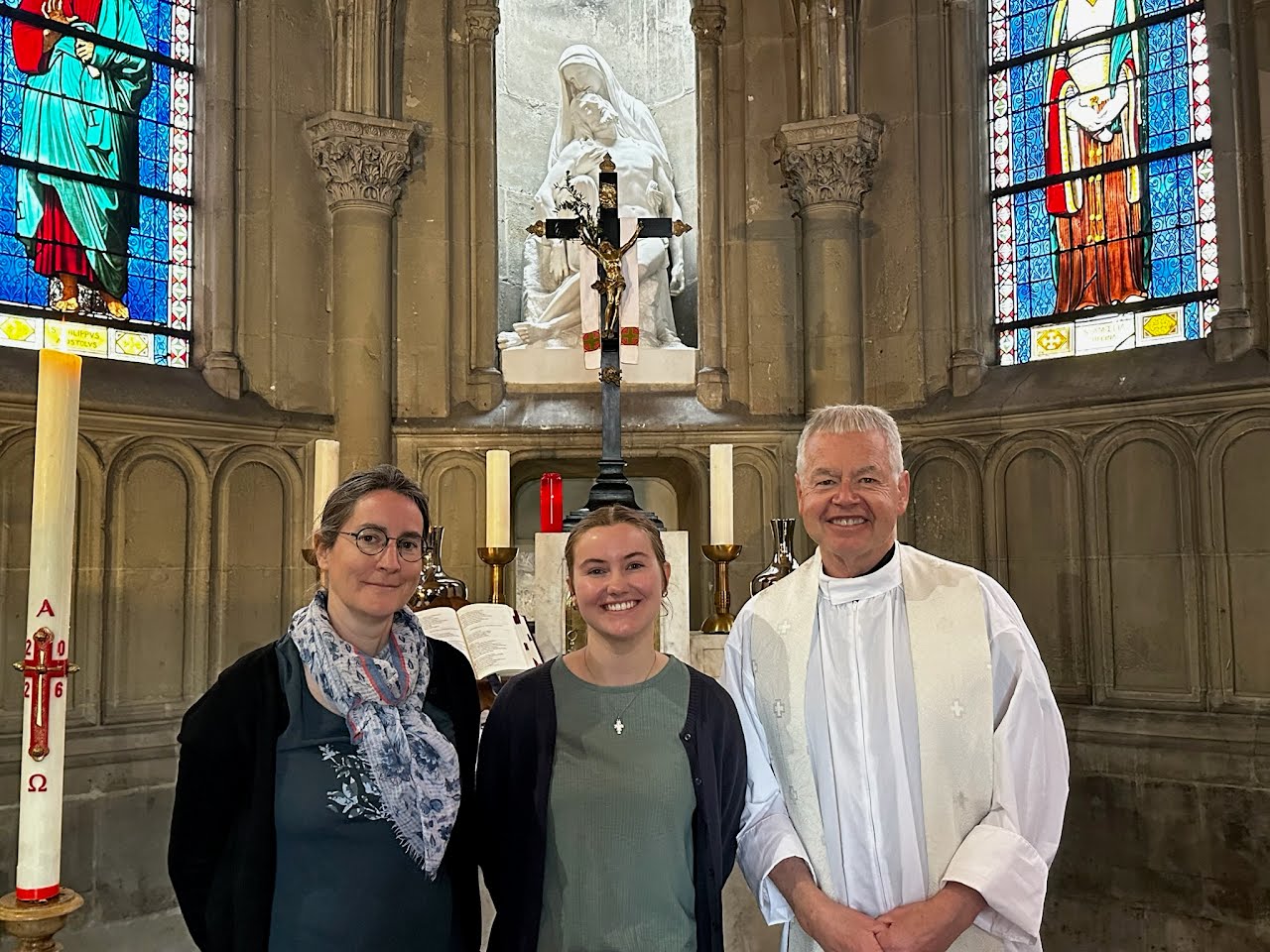 Dr. Julie Crohas, Maria Szpilka, and Fr. Beretta at Mass in Notre-Dame de la Compassion
