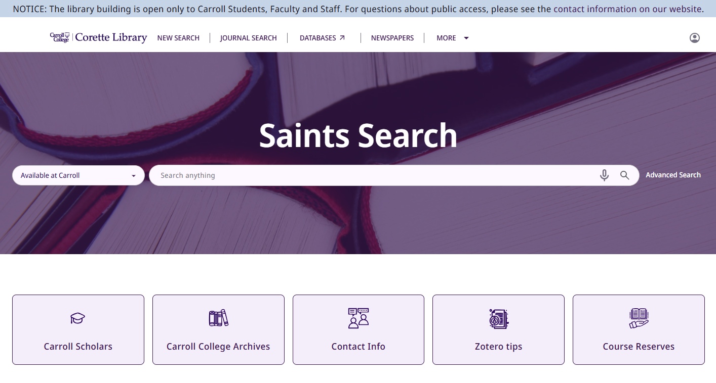 Saints Search New User Interface Landing Page with search bar and navigation