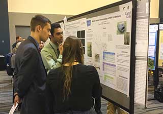 Students discuss research posters at the Undergraduate Research Conference