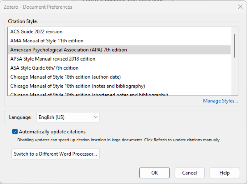 The Zotero Document Preferences Window where citation style can be selected