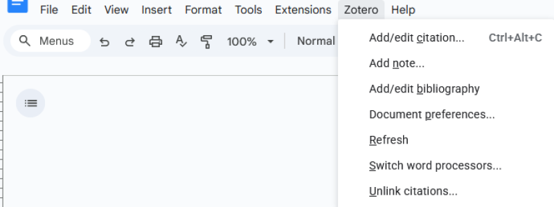 The Zotero Dropdown Menu as it appears in Google Docs