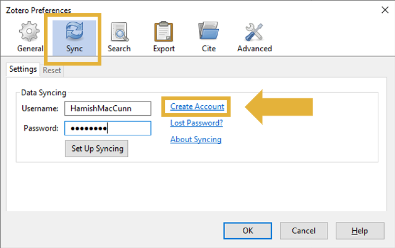 The sync tab of the Zotero Preferences window where a Zotero account can be set up to allow syncing across devices