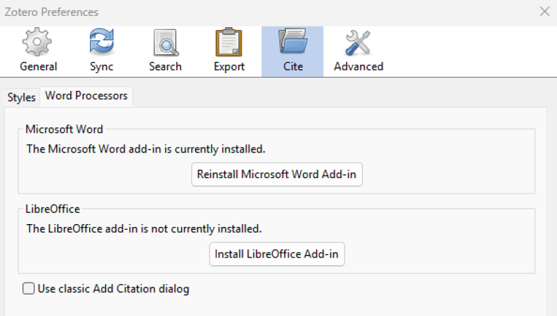 The Zotero Preferences window's Cite tab, where you can find the option to reinstall the Microsoft Word Add-on