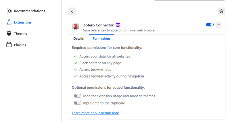 The Zotero Connector browser extension's options menu as it appears under the extensions section of the browser settings menu in Mozilla Firefox. Here is where you can access its permissions and reinstall it if necessary