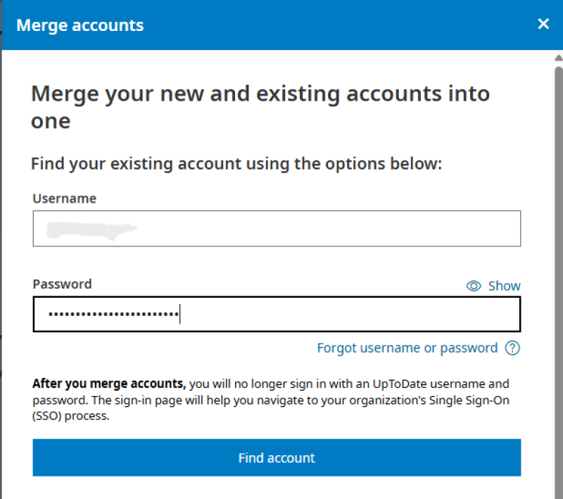 A screenshot of the page where account information is entered to merge an existing UpToDate account with an SSO account.
