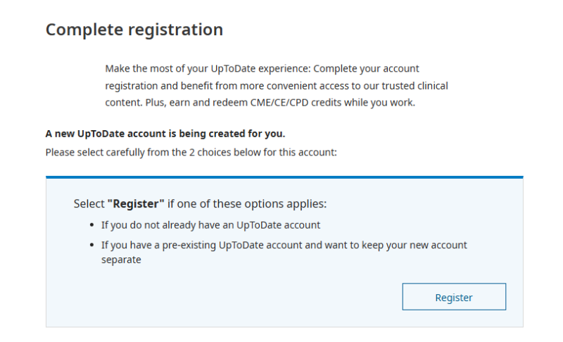 Instructions explaining how to register your account with UpToDate