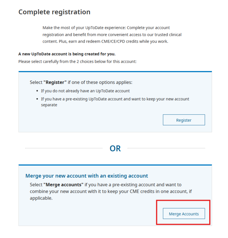Instructions to register or merge your account for UpToDate. The Merge button is outlined with a red rectangle. 