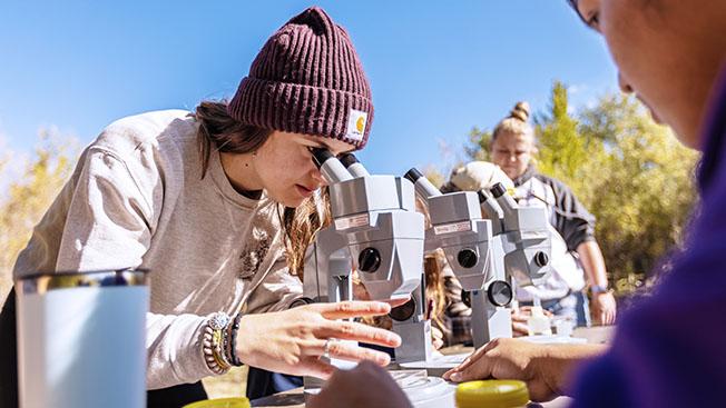 Student in an applied learning setting where she is outdoors observing bio samples in a microscope