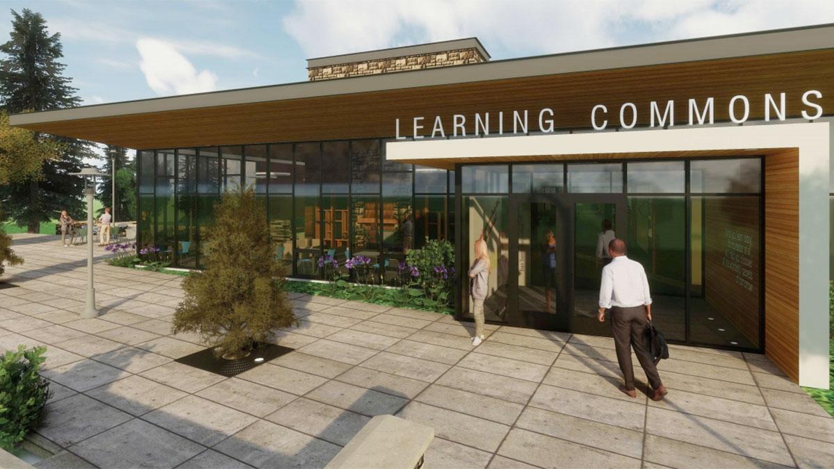 Graphic of the Jack and Sallie Corette Library and Simperman Learning Commons.