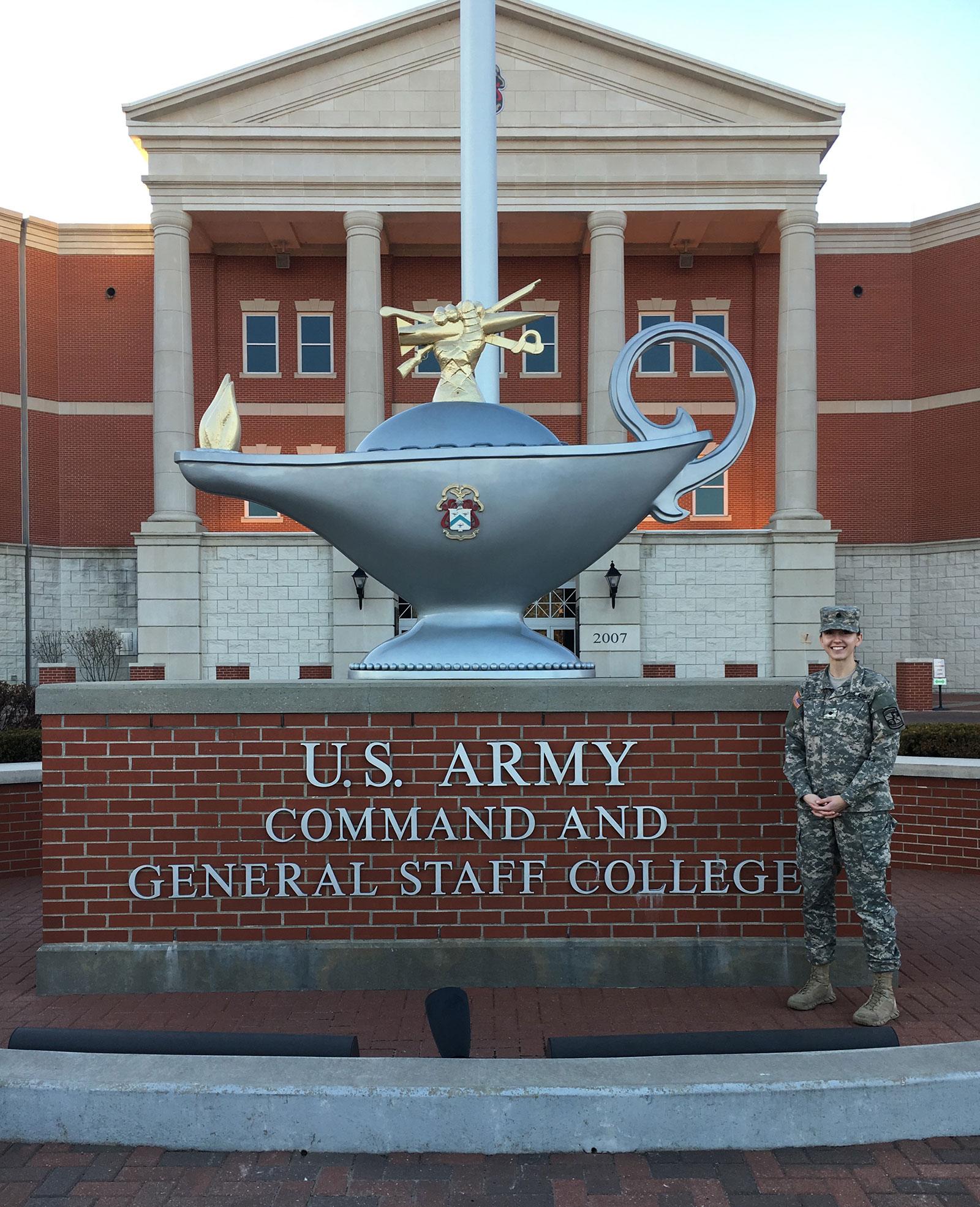 ROTC Student Jessica Bates Stands in front of the U. S. Army Command and General Staff College