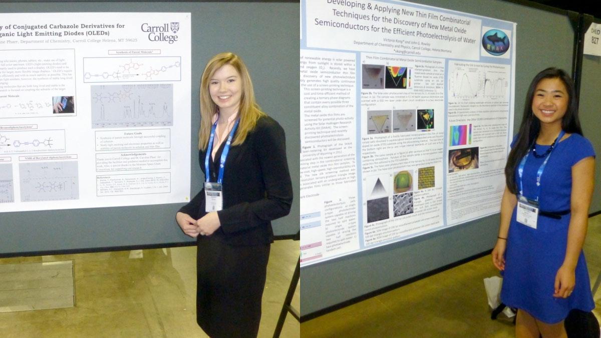 Meghan Benda and Victoria Kong standing by their research posters
