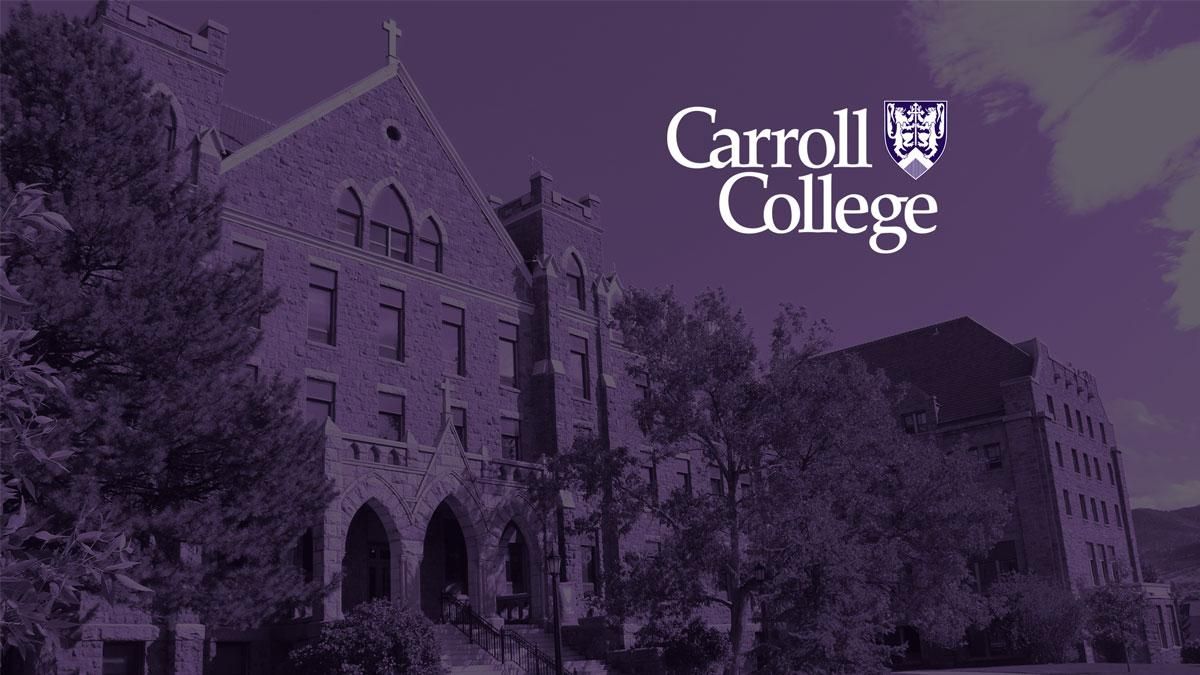 St. Charles Hall with a purple cast and Carroll College Logo