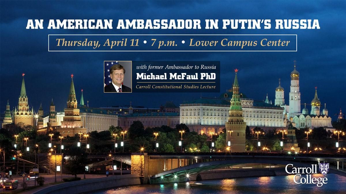 Michael McFaul, Former Ambassador to Russia speaking at Carroll graphic