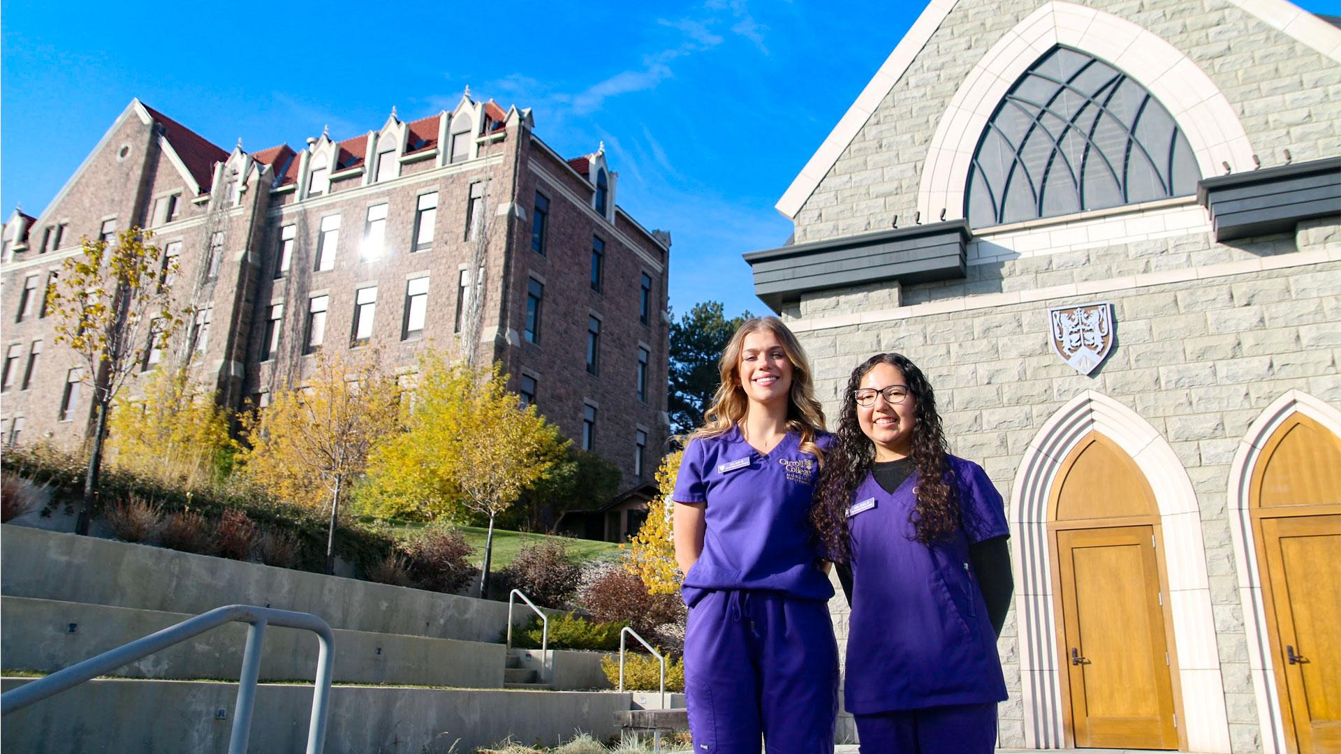 Nurses in front of chapel