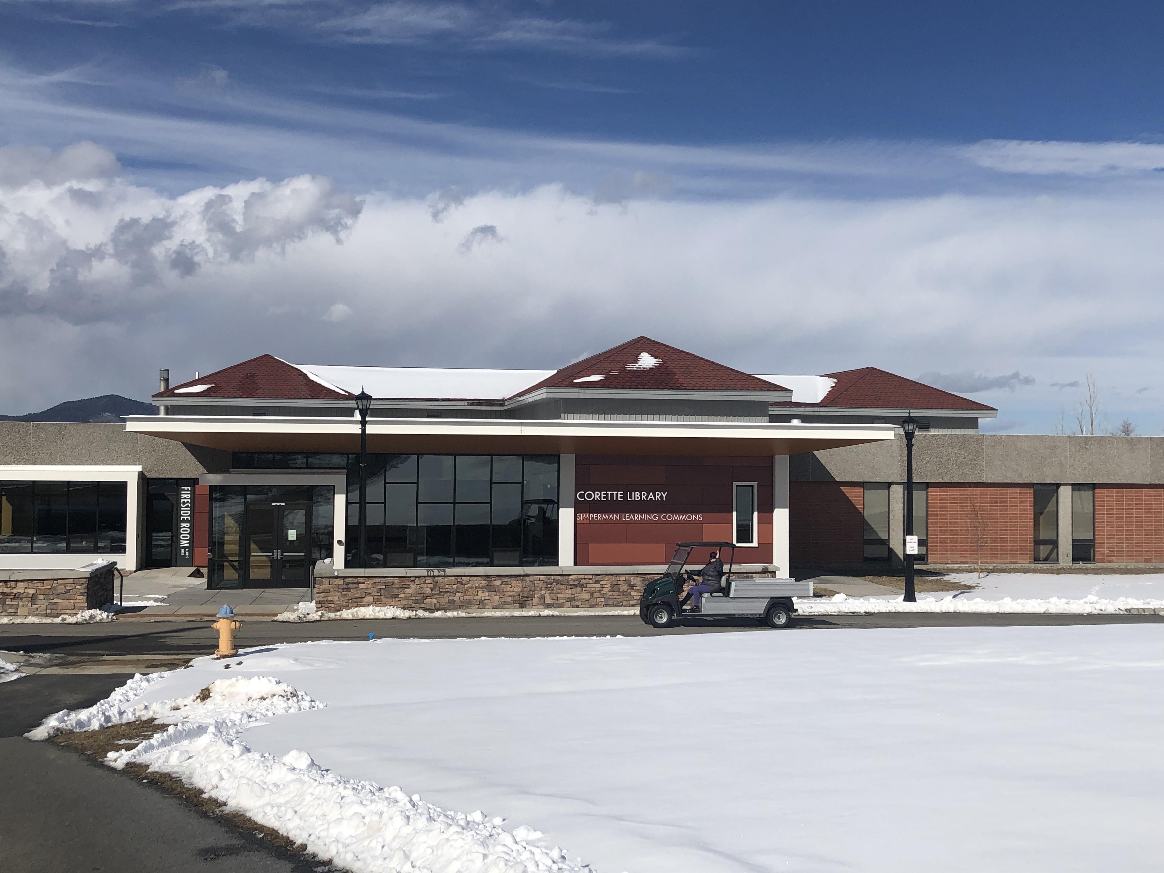 Exterior of the Corette Library in early 2024